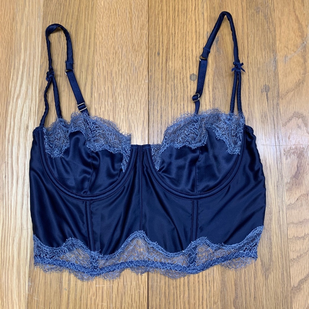Victorias Secret Dream Angels Navy Blue Satin Lace Balconette Corset Top 34C